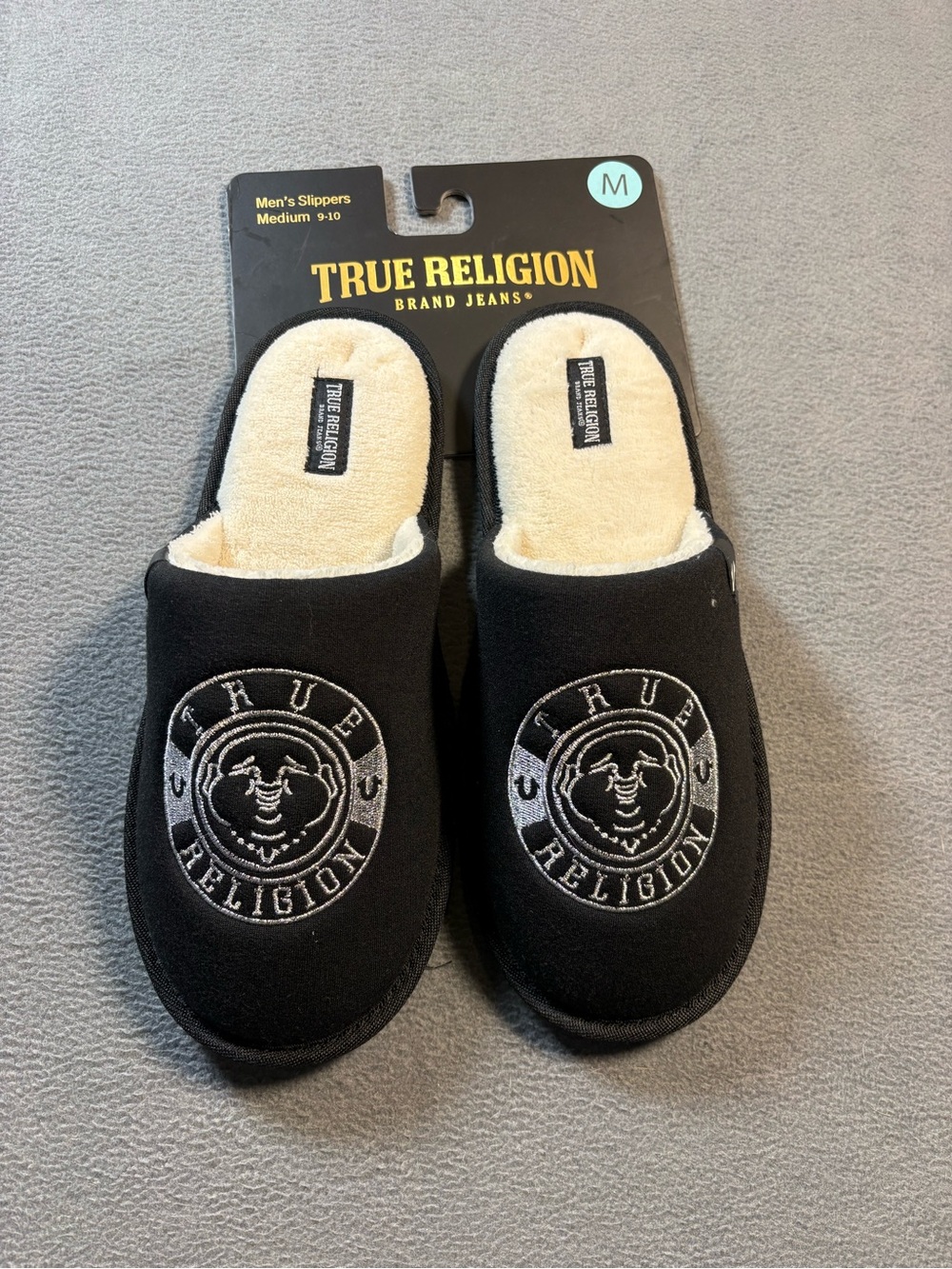True Religion Men’s Black Cozy Logo Slippers